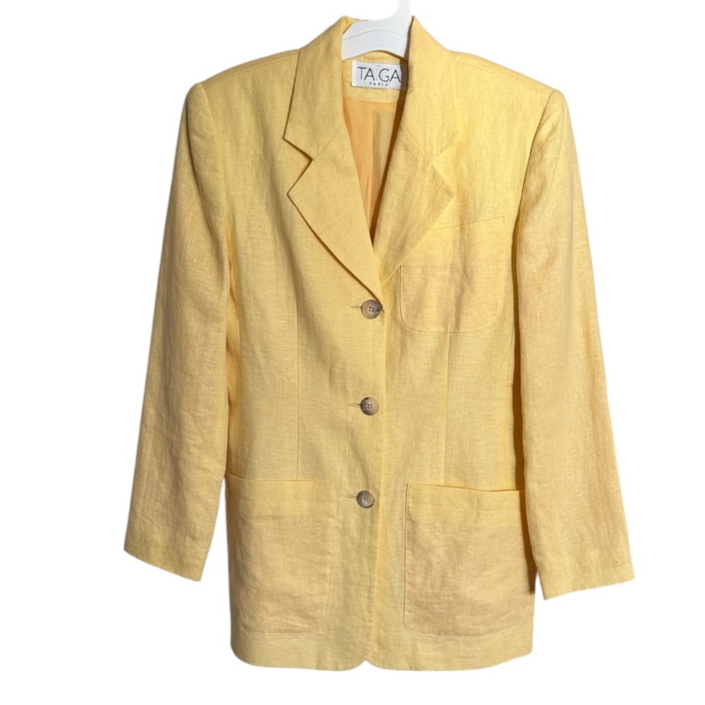 TAIGA Paris Vintage 80s 90s Yellow Oversize Blazer Button Pockets 100% Linen 4